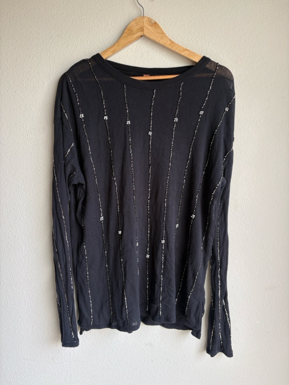 Free people diamond night Black Beaded Stripe Knit Sweater 100% cotton - Picture 4 of 12